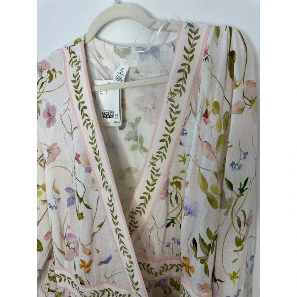NWT H&M Floral Wrap Dress Large Fairy Botanical LS Feminine Brunch Wedding Chic - Picture 4 of 16